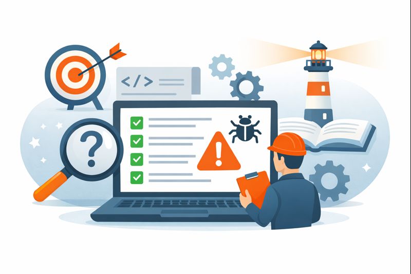 Ilustracja symbolizująca automatyzację testów: laptop z wynikami testów, błąd na produkcji i inżynier analizujący jakość systemu.