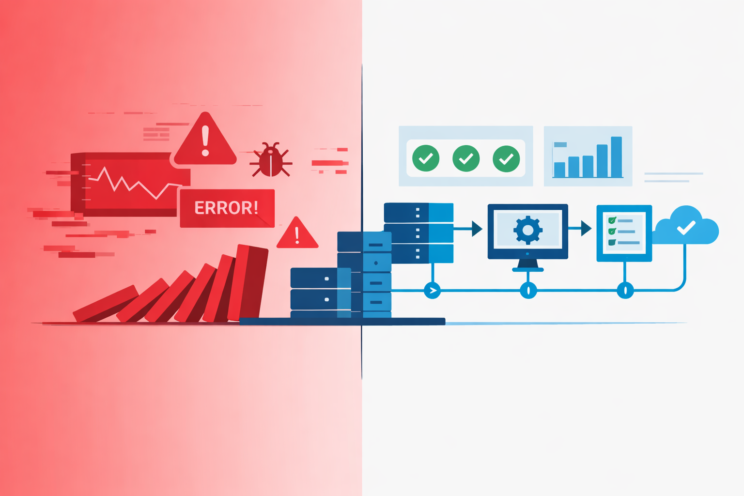 Chaos vs stabilność w automatyzacji testów Ilustracja pokazująca niestabilne flaky testy kontra stabilną automatyzację testów, symbolizująca fundamenty testowalności według ISTQB TAE.