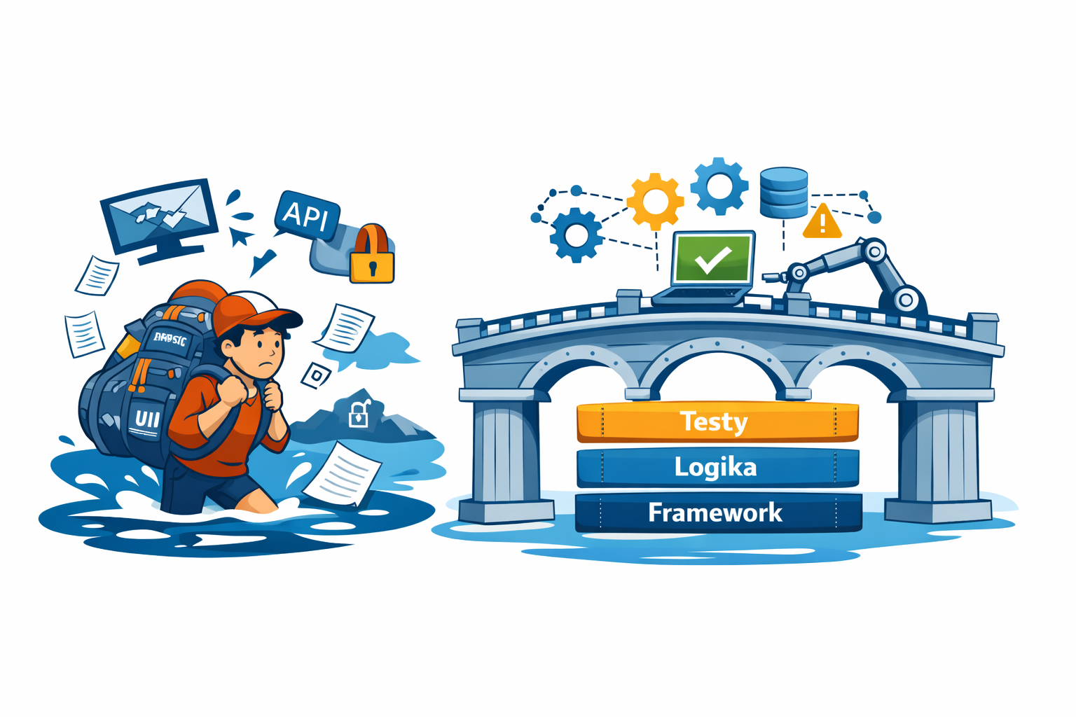 architektura testów Wektorowa ilustracja pokazująca chaos skryptów testowych kontra stabilna, warstwowa architektura automatyzacji.