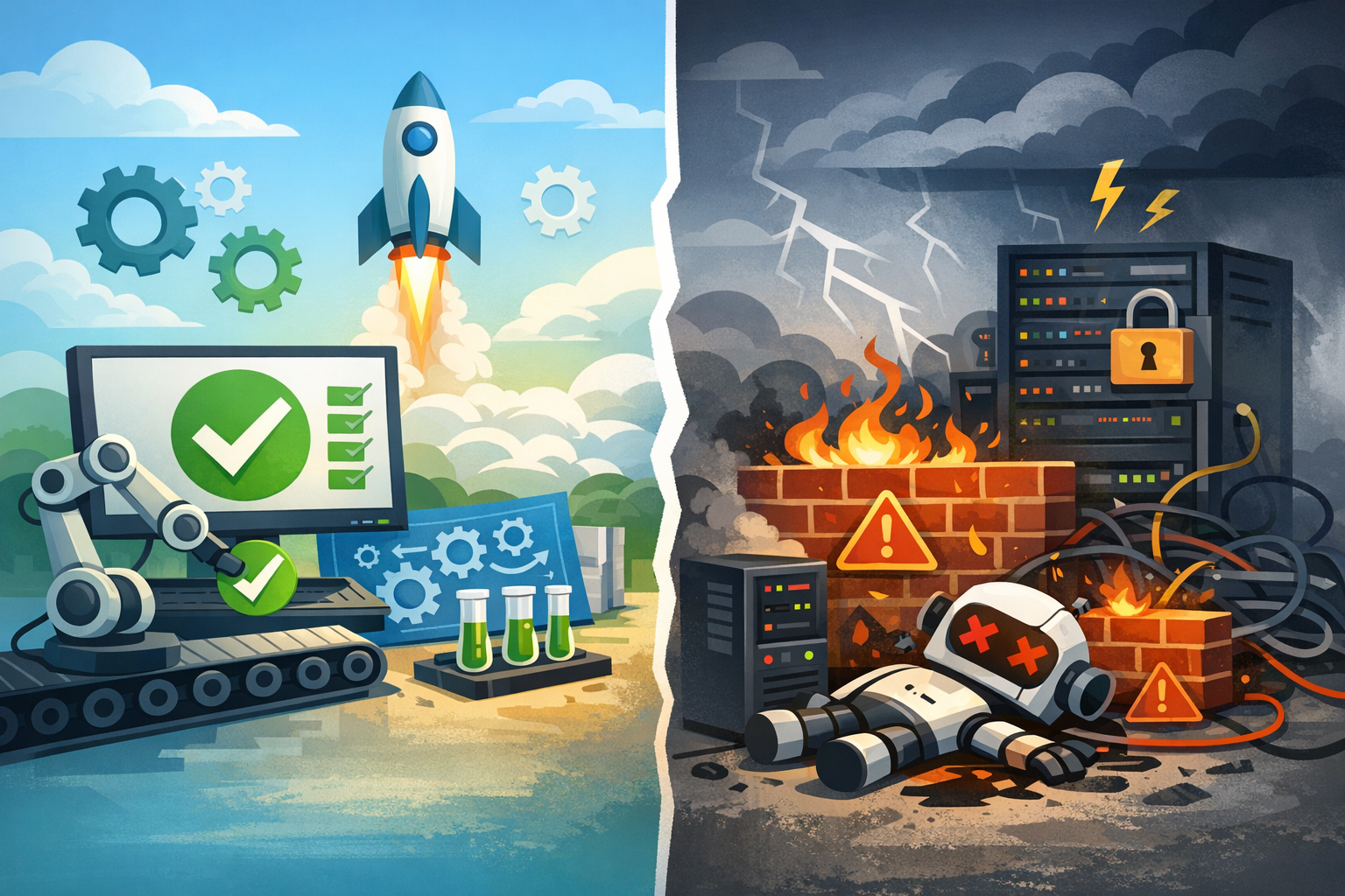 lustracja pokazująca przejście od stabilnej automatyzacji w CI/CD do problemów wynikających ze zmian środowiskowych, braków w utrzymaniu, infrastruktury i zarządzania ryzykiem wdrożenia testów automatycznych