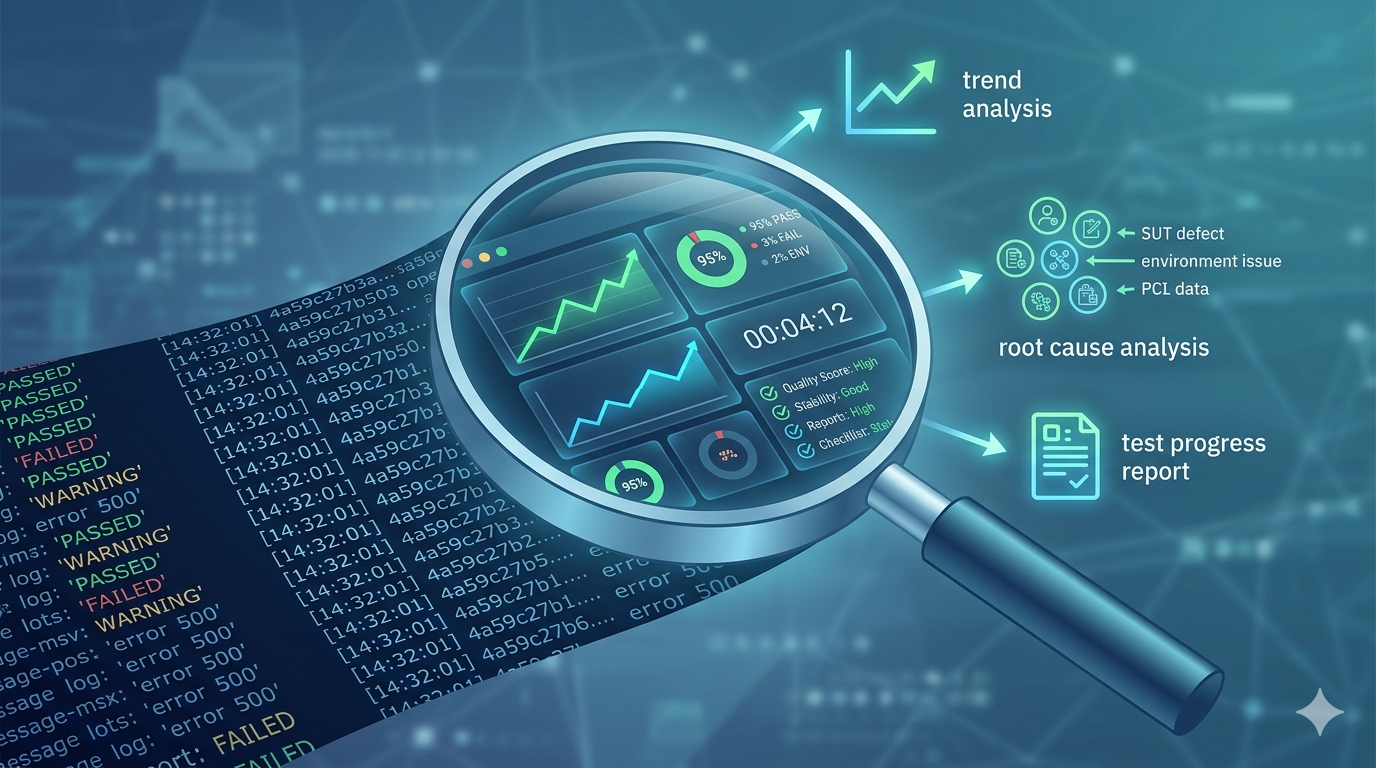 Ilustracja przedstawiająca analizę metryk automatyzacji testów: lupa nad logami zmieniająca dane w czytelne wykresy i raporty postępu zgodne z ISTQB TAE.